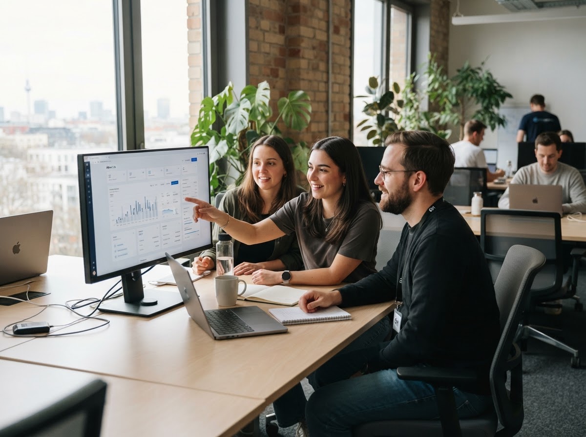 GeldBot AI data analysts reviewing predictive model output on a trading workstation